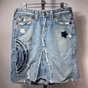 TRUE RELIGION Vintage Distressed Denim 100% Cotton Y2K Patchwork Mini Skirt US26